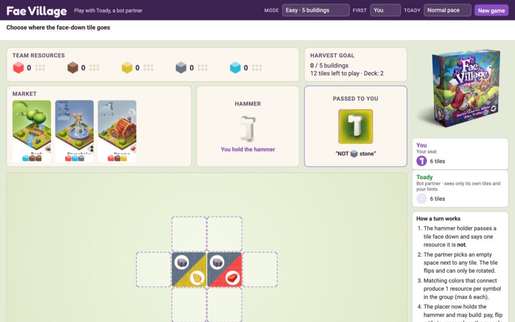 Fae Village online: the market, hammer, passed tile and village board mid-game